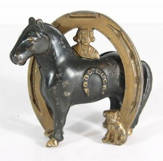 1910s Buster Brown & Tige & Horse Cast Iron Bank Figural Still Bank By Arcade