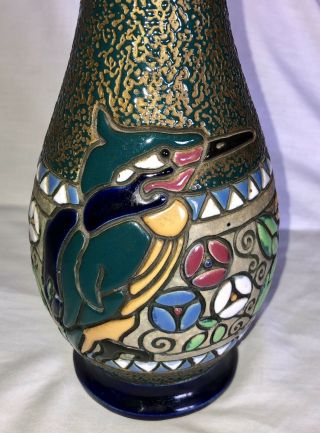 Vtg Czech Arts & Crafts Pottery Amphora Campina Enamel Vase Kingfisher Bird