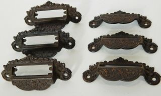 Set Of 6 Vintage Drawer Pulls Handles Apothecary Label Style Cast Iron