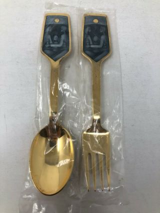 Anton Michelsen Denmark Sterling Silver Enamel 1973 Christmas Spoon & Fork Set