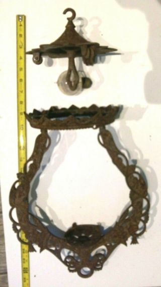 Antique Victorian Oil Gas Lamp Iron Frame Hanging Ceiling Arts Crafts Mission