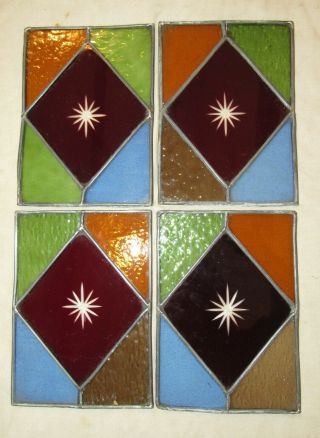 Set Of 4 Leaded Glass Windows Antique Stained Glass Panels Lantern Panels