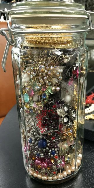 Medium Jar Of Pins Brooches And Necklaces All In Order