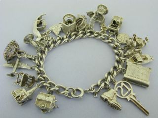 Heavy Vintage Solid Sterling Silver Charm Bracelet With 22 Charms 103 Grams
