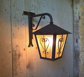 Reserved For David - Antique French Forged Iron And Glass Lantern With Forged