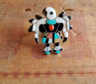 Vintage Signed Zuni Sterling Silver Inlay Thunderbird Ring Size 7.  5.