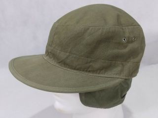 VTG WW2 Era Cotton OD Olive Drab Field Cap With Visor Ear Flaps 7 3/8 3