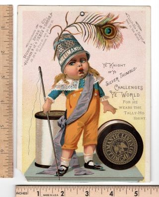Willimantic Thread Ye Knight Of Silver Thimble Peacock Feather 1884 Trade Card