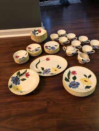53 Piece Blue Ridge Southern Potteries Vintage Usa Yellow,  Blue & Red Flower