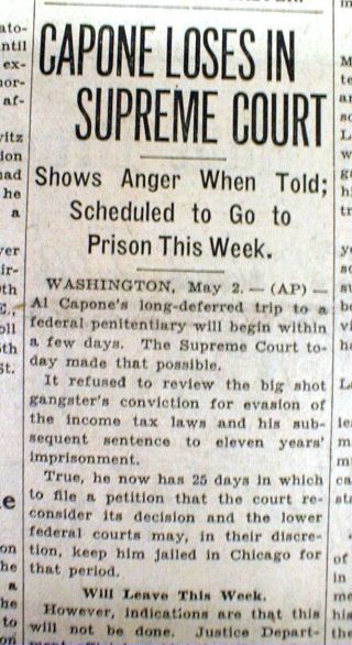 2 1932 Newspapers Gangster Al Capone Is Sent To Federal Prison For Tax Evasion