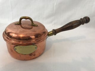 Vintage Rare Copper Dela Cuisine Sm.  Sauce Pan With Lid Tin Lined Wooden Handle