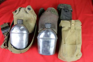 2 Wwii Us Vollrath Canteens 1944 & 1945 Covers & Pouches,  Belt