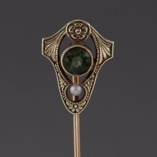 Antique Vintage Art Nouveau 14k Gold Seed Pearl Peridot Gemstone Stick Hat Pin