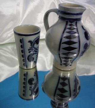 Salzglasur West German Vtg Pottery Salt Glaze Stoneware Pitcher Cup Cobalt 951