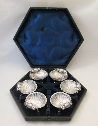 A Fine Boxed Set Of 6 Silver Plated Shell Salts C1900 - Fish Design