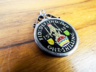 Vintage George Vi 1948 One Shilling Coin Enameled Pendant Silver Surround