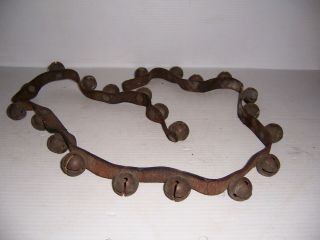 Antique 1 " Brass Sleigh Bells On Leather Strap 55 " Long With 22 Jingle Bells