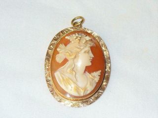 Vintage Antique Cameo Brooch Pin Pendant 10kt Victorian Lady W/ Grape Leaves