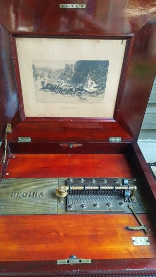 Antique REGINA 15 1/2” Disk Double Comb Music Box with discs Cherry Wood Finish 2