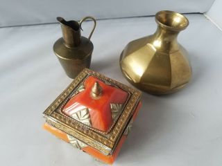 Vintage Brass Lamp Carafe Vase With Painted Small Box Jewelry India/morocco