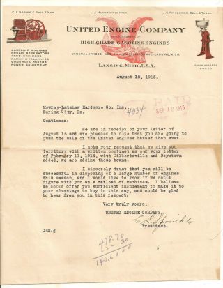 United Engine Company,  Lansing Mich,  Gasoline Engines,  Engraved Letterhead 1915