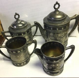 Antique Tea Set Aurora Quadruple Silver Plate Coffee Pot Serving Creamer Sugar