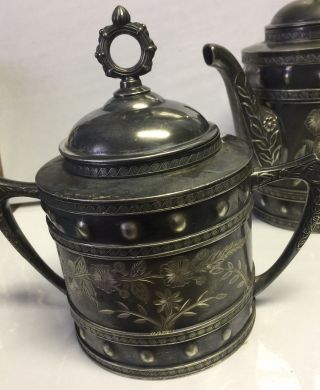 Antique Tea Set Aurora Quadruple Silver Plate Coffee Pot Serving Creamer Sugar 3