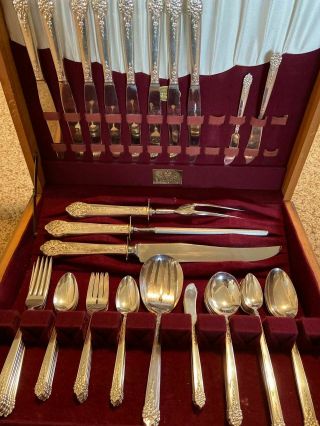 68 Pc King Edward Moss Rose Silverplate Flatware With Chest And Carving Set