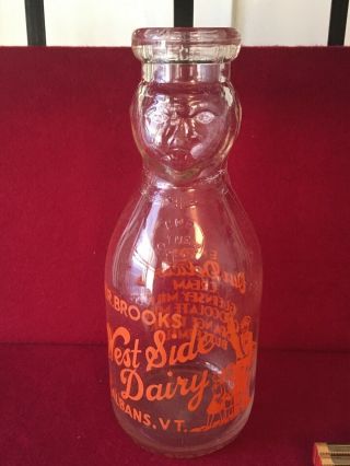 Rare Vintage H.  R.  Brooks West Side Dairy St.  Albans Vt Baby Face Milk Bottle Qt.