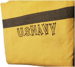 Vintage Us Navy Wool Blanket Blue Stripe & Block Letters 79 " X 60 "