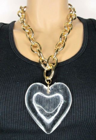 Designer Unsigned Huge 3 " 1/4 Inch Clear Lucite Heart Statement Necklace