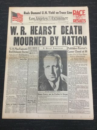 William Randolph Hearst Death - 1951 Los Angeles Examiner Newspaper