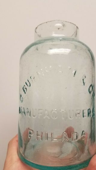 C Burnham & Co Aqua Quart Fruit Jar Rare Find
