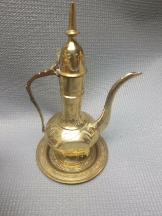 Vintage Brass Coffee Tea Pot India Genie Lamp Kettle Gold Etched 7 " W/tray