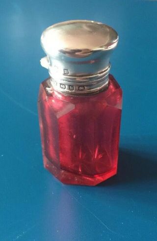 A Stunning Victorian Silver And Cranberry Cut Glass Perfume Jar.  B’ham 1886 B141