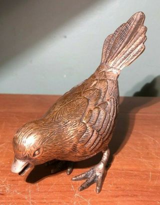 Vintage Solid Brass Sparrow Bird Sculpture With Great Detail - Etched Feathers