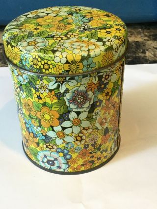 Vintage Flowered Metal Tin Container Round Empty 4.  5” Height