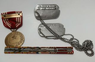 WWII US ARMY Military DOG TAGS,  BAR RIBBON w/ 6 Stars,  Good Conduct Medal 2