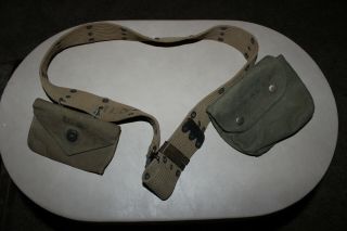 Vtg U.  S.  Army Wwii Era Combat Utility Uniform Web Belt & Buckle Us Ww2 Pouches
