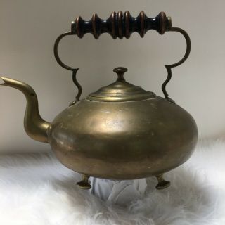 Vintage Solid Brass Tea Pot Kettle With Wooden Handle Made In India