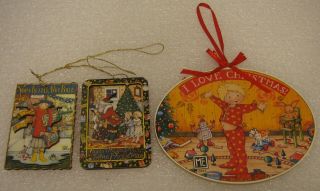 3 Mary Engelbreit Wooden 3d Christmas Ornaments Gift Tags Better Not Pout,  Santa