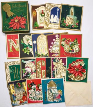Very Unusual Box Of 16 Vintage Christmas Cards With Envelopes Gold Award