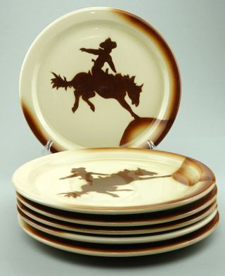6 Vintage Jackson China Airbrushed Restaurant Ware Plates Western Cowboy Bronco