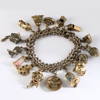9 " Vintage Signed Monet Loaded 16 Charms Bracelet Clown 12k Gold Filled Janel