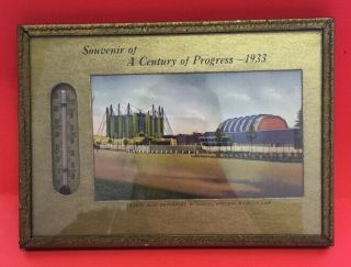 Rm205 Vintage Framed Picture With Thermometer Chicago Worlds Fair 1933