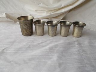 5 Pc 1885 Russian Judaica 84 Silver Kiddush Cup & Beaker Set Etched Sterling