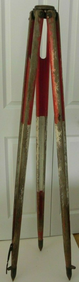 Vintage Brass Wood 60 " Transit Tripod Base With Red White Paint