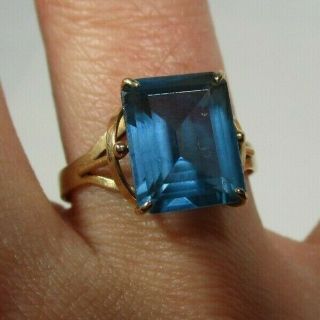 Vintage H 14k Yellow Gold Emerald Cut Blue Topaz Ring,  2.  3g Size 7.  5