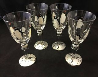 Four 7 1/2” Penguin Wine Glasses Hand Painted For Sea World