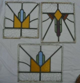 3 Art Deco Leaded Light Stained Glass Window Panels For Restoration.  B861a